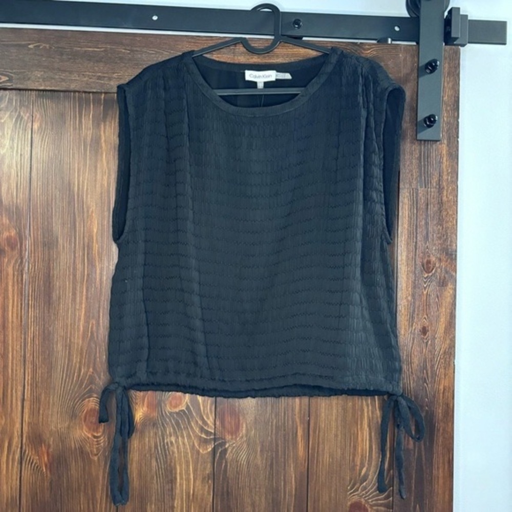 CALVIN KLEIN Women's Black Side-Tie Pintuck Round-Neck Top NWT